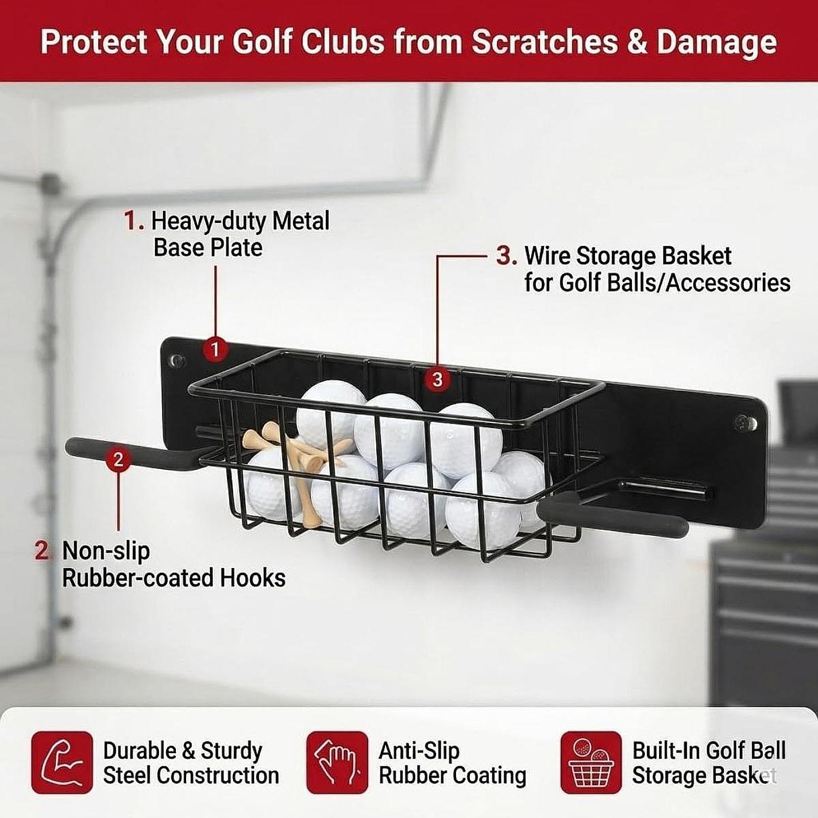 Golf Equipment Garage Organizer - Компактная настенная металлическая стойка для гольф-оборудования